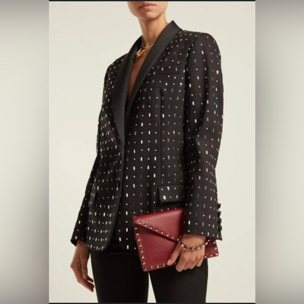 VALENTINO Embellished Jewel Wool & Silk-blend Blazer Jacket Black Ono Small Sz 4
